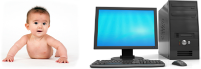 Two images: a baby and a computer.