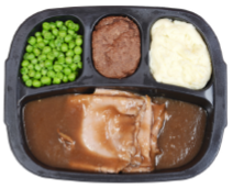 Beef dinner with vegetables, side, starch, and main dish.