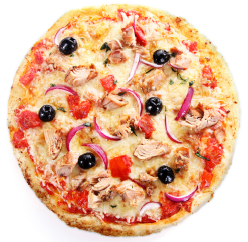 Pizza with toppings.